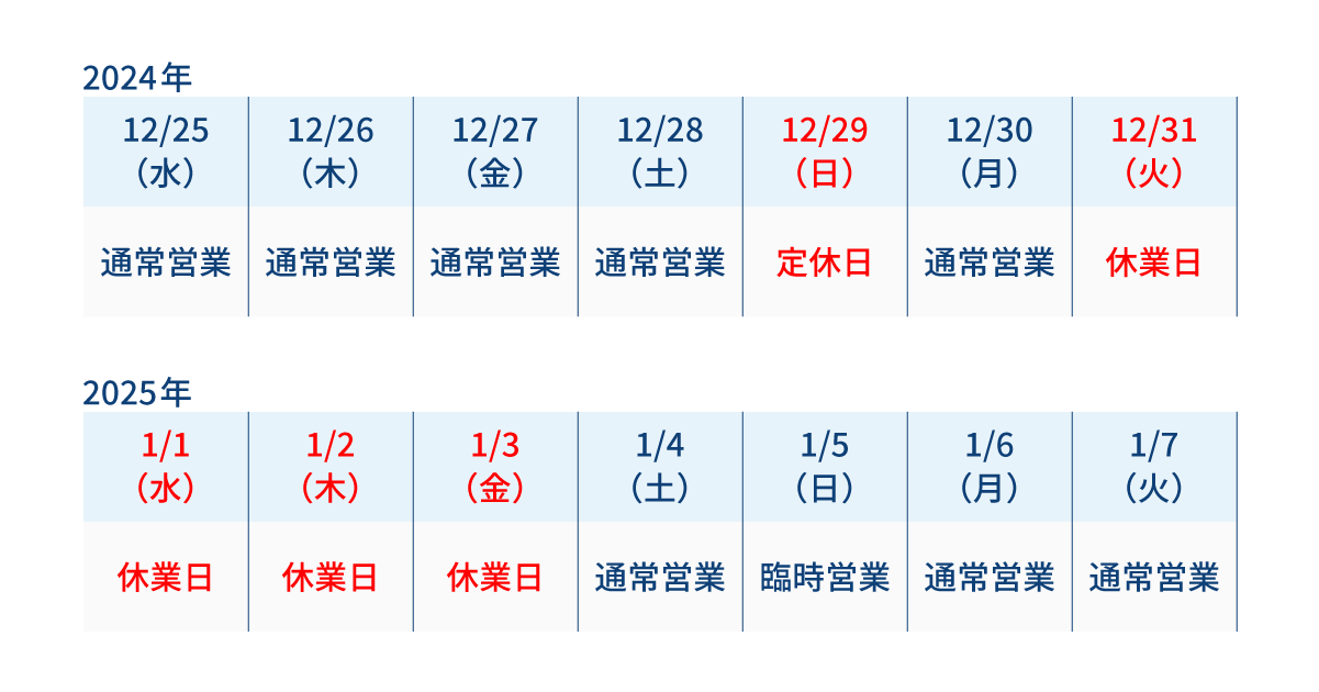 年末年始の休業案内カレンダー